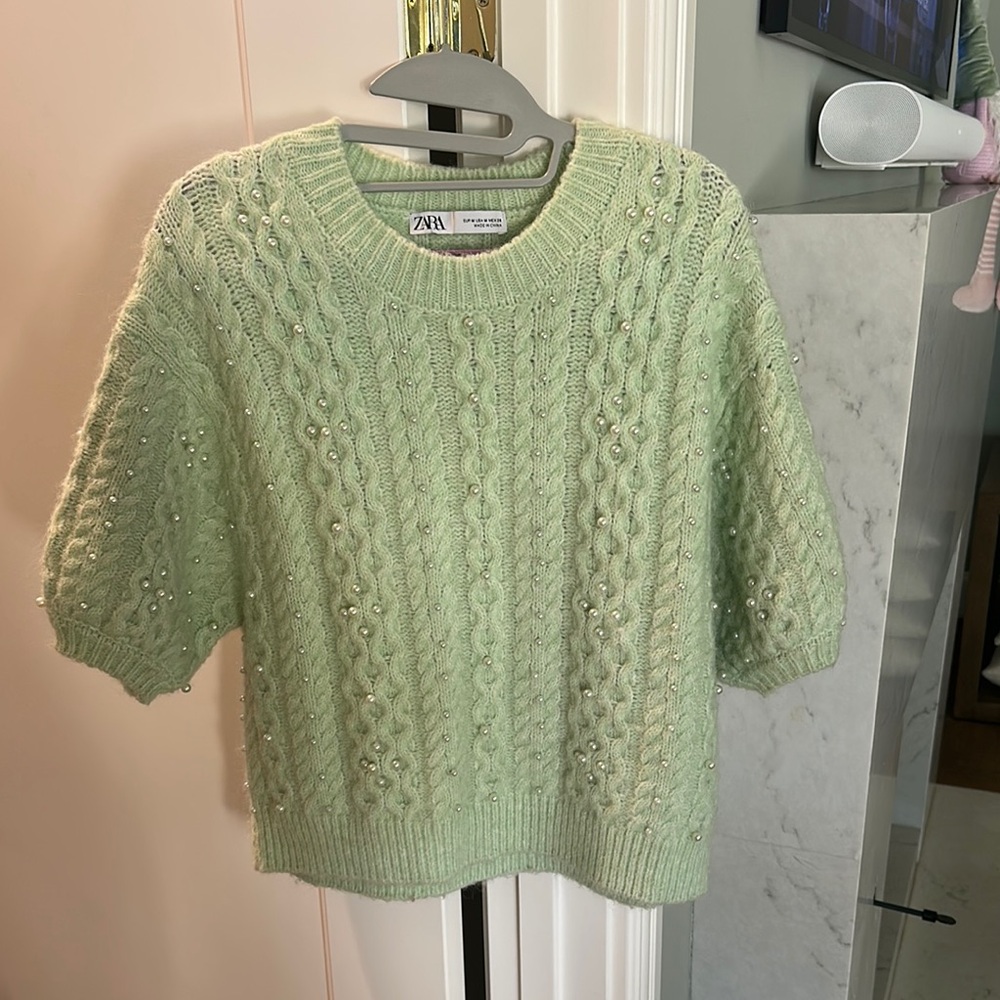 Zara Green Crew Neck Cable Knit Sweater